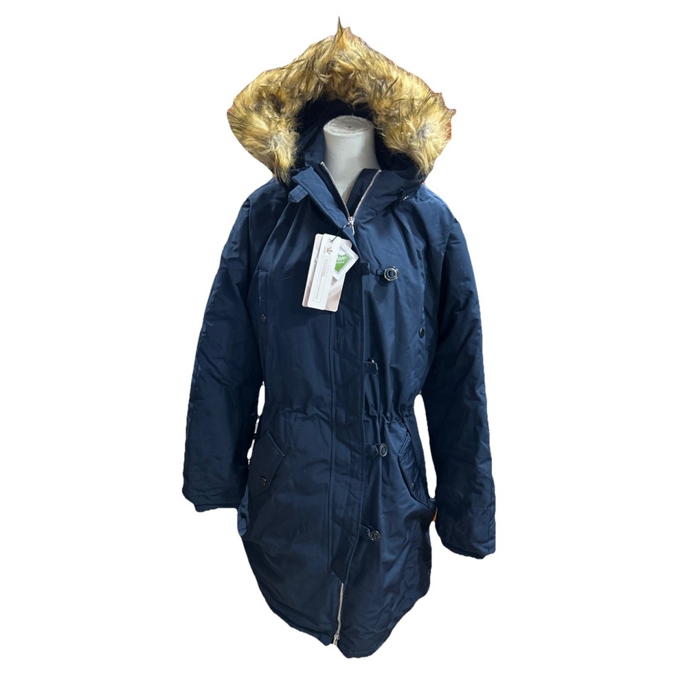 Wenven Jacket Women's Large Blue Winter Heavy Faux Fur Hood Teflon Long